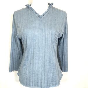 Bill Blass Jeans Womens Ribbed Long Sleeve Top Size Medium Blue Ruffled V-Neck